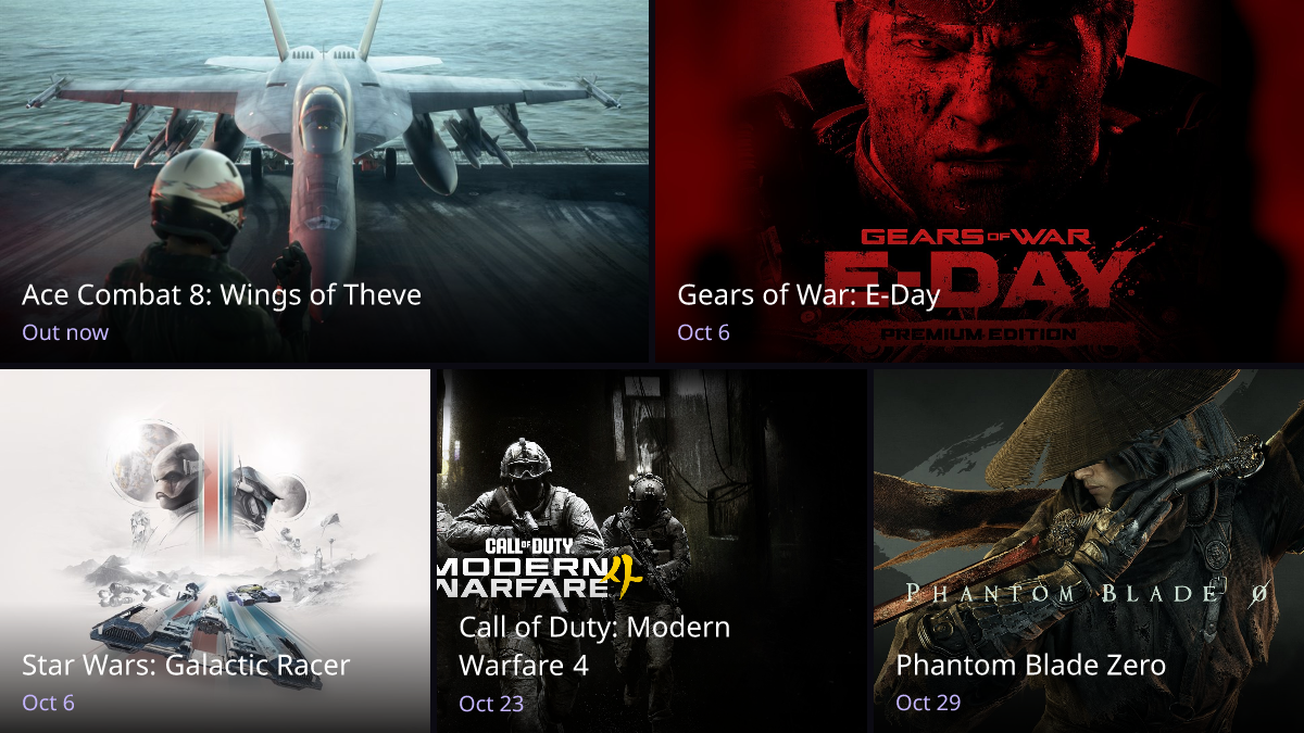 Collage of official key art for Ace Combat 8, Gears of War: E-Day, Star Wars: Galactic Racer, Call of Duty: Modern Warfare 4 and Phantom Blade Zero, each labelled with its release date