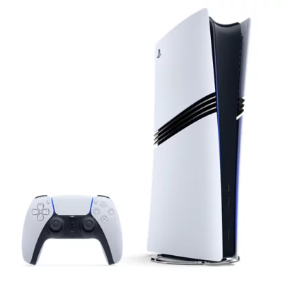 PS5 Pro console standing next to a DualSense wireless controller