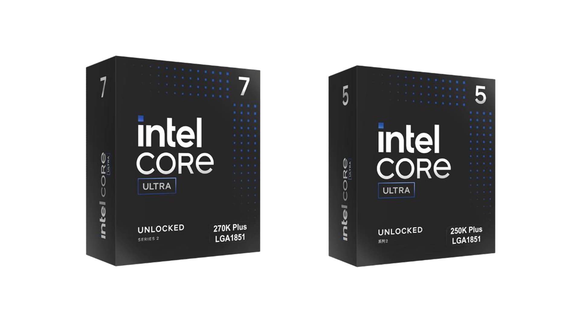 Retail boxes for Intel Core Ultra 7 270K Plus and Core Ultra 5 250K Plus desktop processors, official Intel image